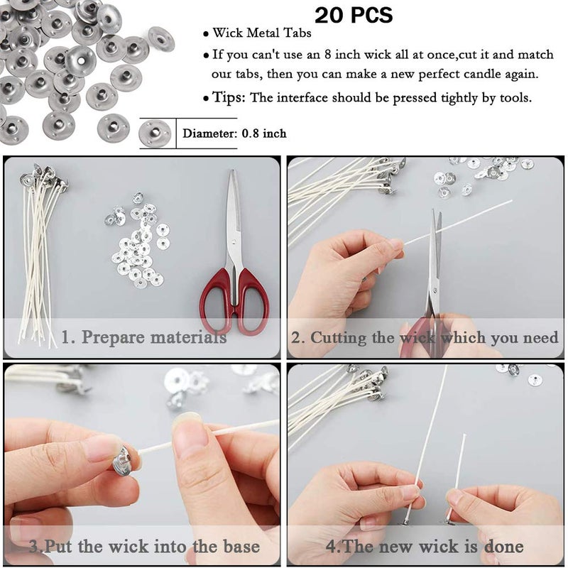 ANTUNIHOD Bulk Cotton Candle Wick 8" Pre-Waxed 80 Pcs with 60Pcs Candle Wick Stickers, 5Pcs Candle Wick Centering Device and 20PCS Metal Tabs for Candle Making (80pcs 20cm Wick kit) - Image 4
